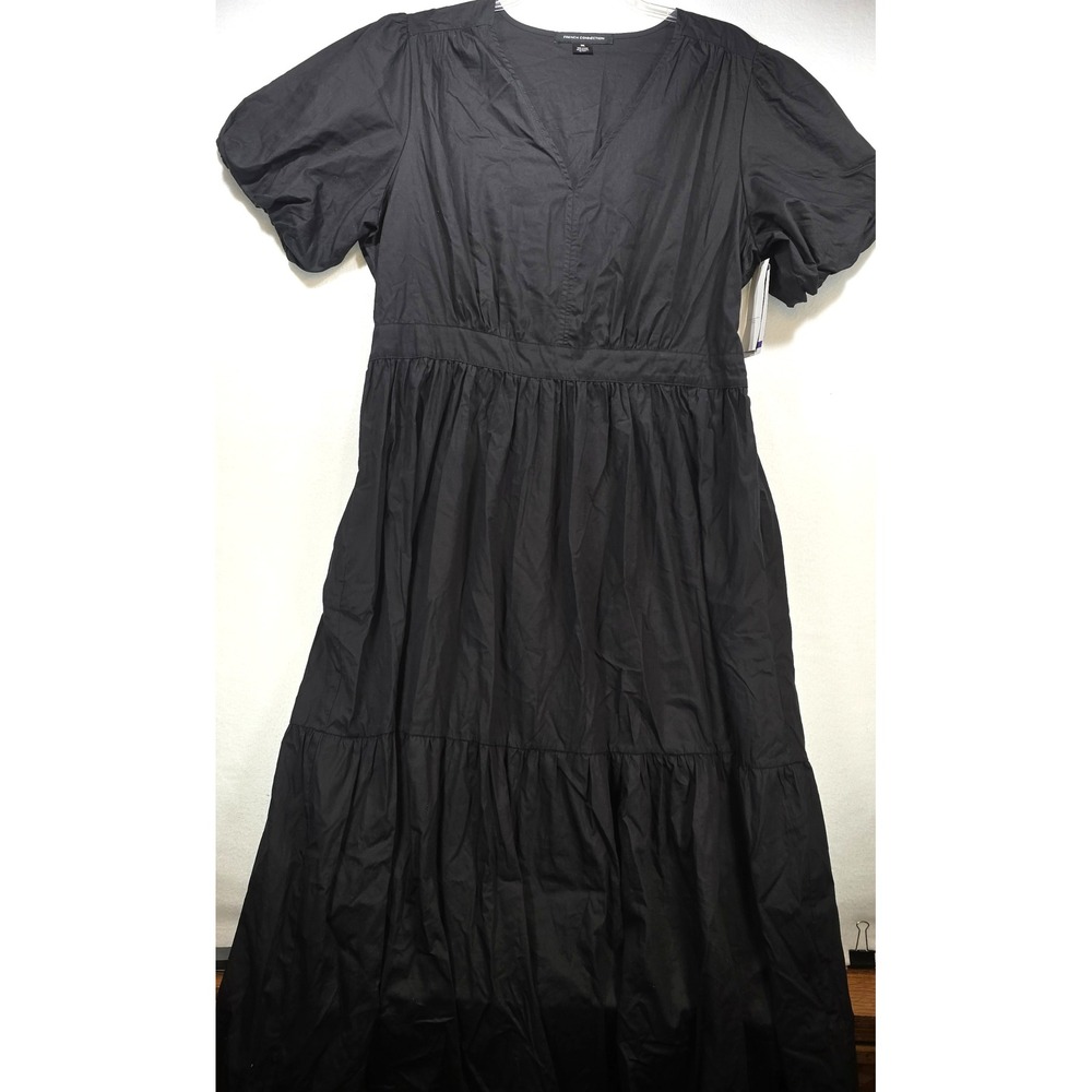 French Connection Poplin Maxi Dress Black V-Neck Puff Sleeve Tiered XXL NEW